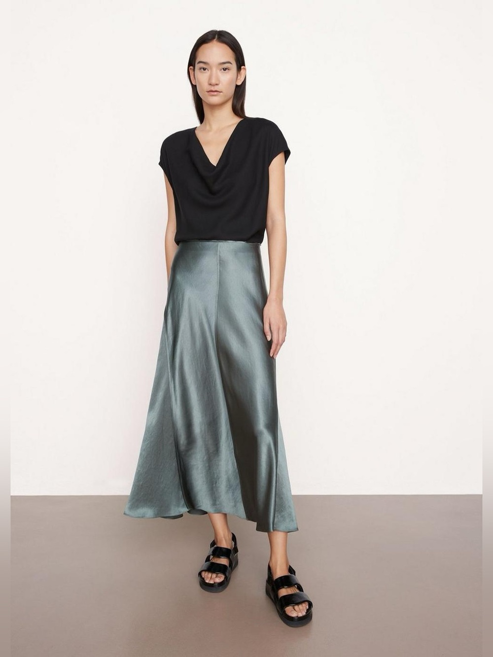 Vince Raw Edge Paneled Satin Slip Midi Skirt Deep Aegean Green Size 2 NWOT